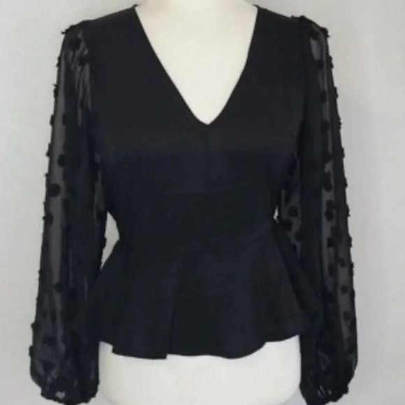 Tops - Peplum V-Neck Long Balloon Sleeve Swiss Dot Black Blouse